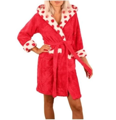 Halat de baie din fleece pentru femei cu buline - Rosu XL Rosu M