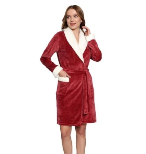 Halat de baie cu blana, catifea, bordeaux L Rosu XL