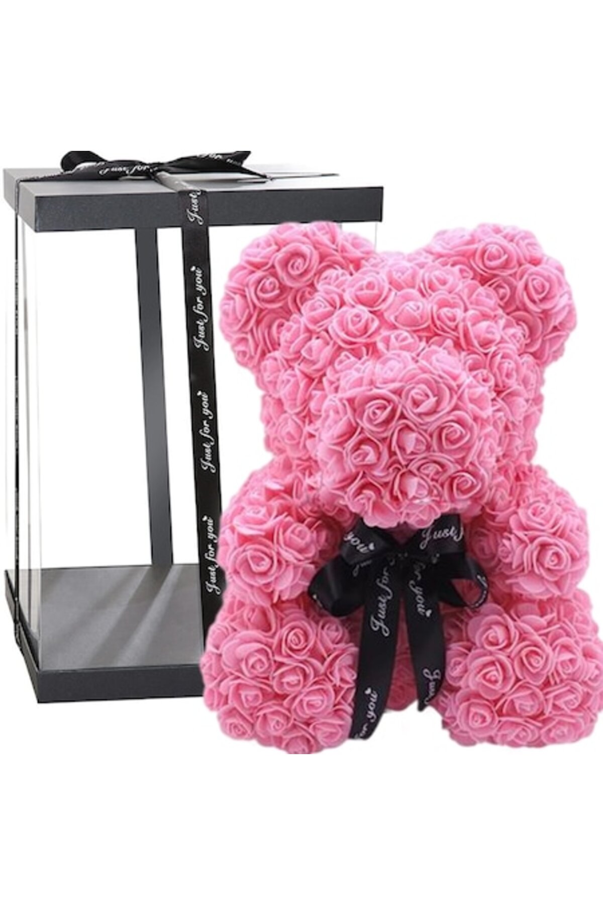 Ursulet de plus din spuma cu trandafiri, roz si funda, 35 cm, lucrat manual